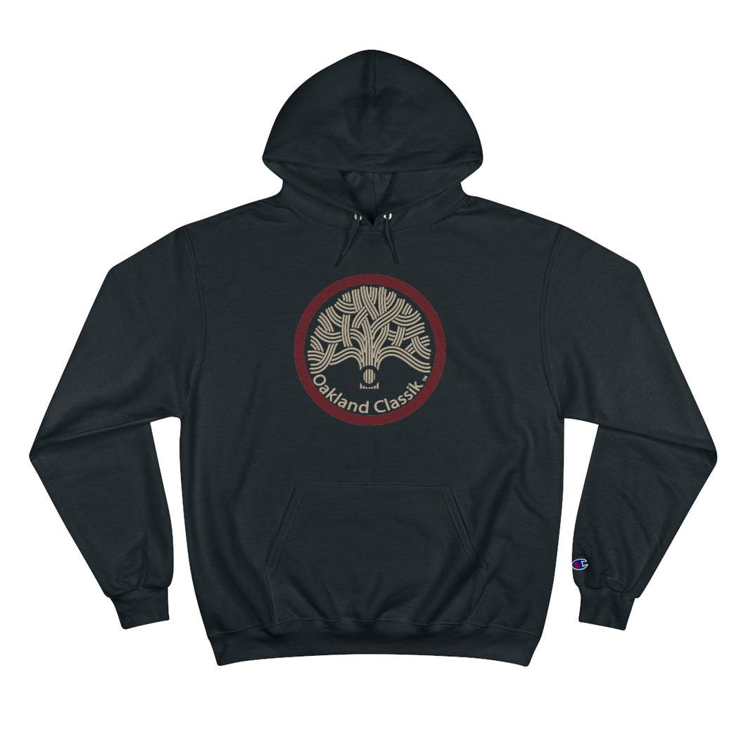 Oakland Classik X Champion Hoodie Black Hoodie with Burgundy and Tan oakclsk logo