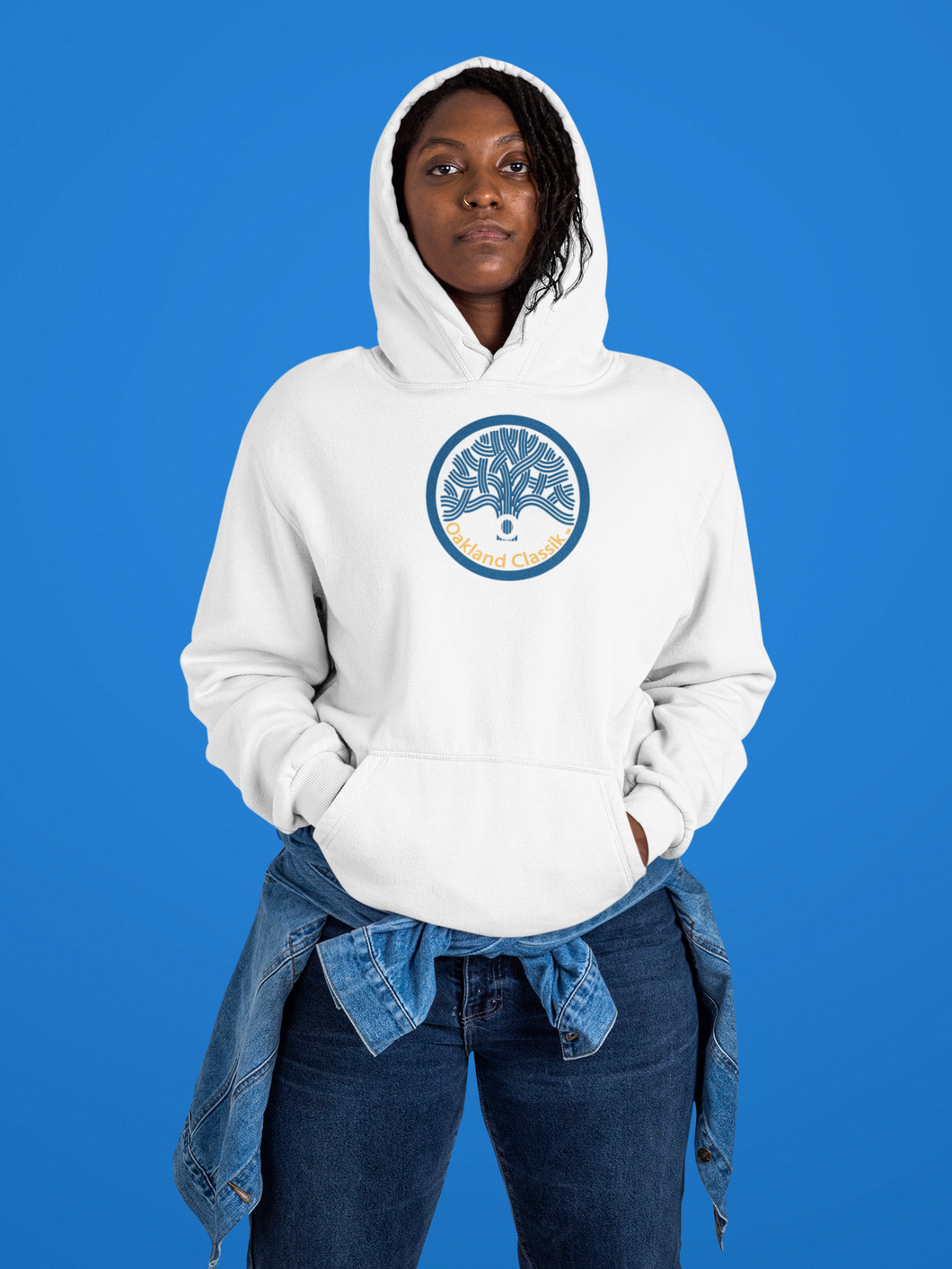 Oakland Classik Bright White Pullover Hoodie With Blue and Gold logo
