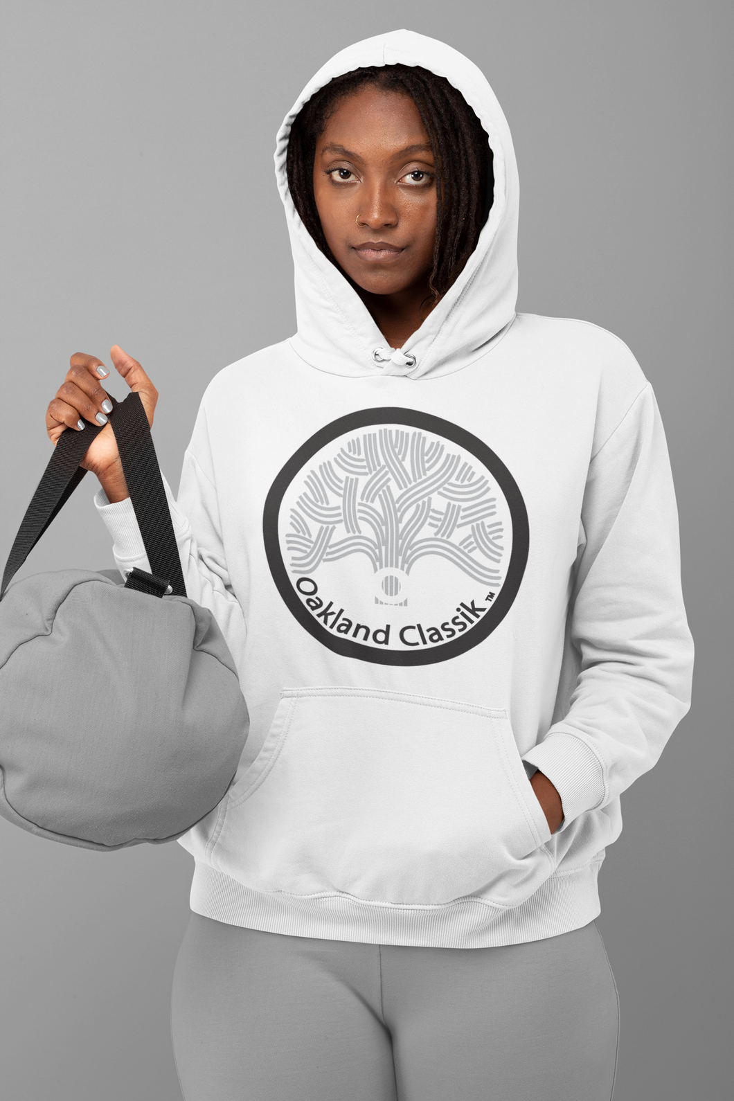 Oakland Classik Bright White Hoodie with Black and Grey logo