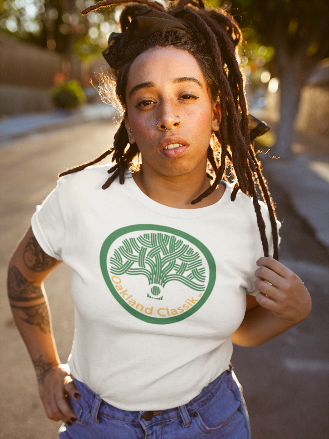 Oakland Classik Bright White Short Sleeve T-Shirt with Green and Gold logo